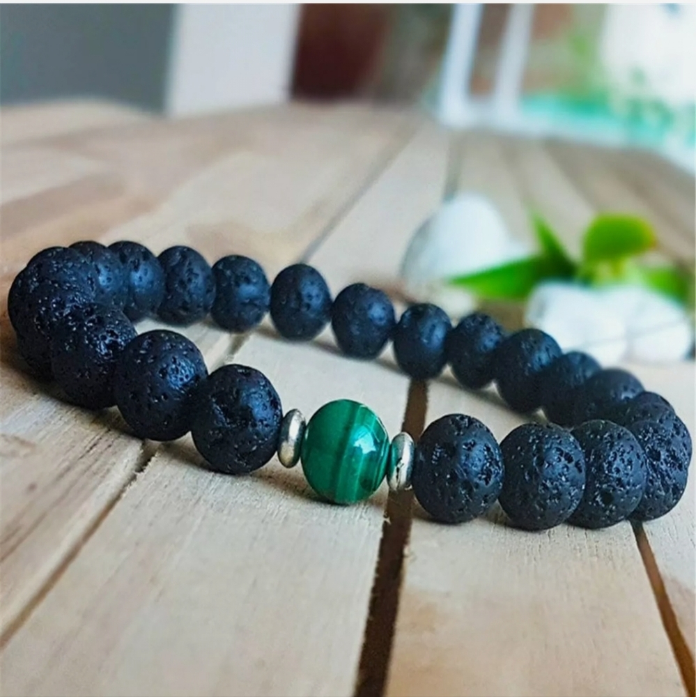 8mm Natural Malachite Lava Stone Handmade Mala Yoga Bracelet Chakra. C735-B